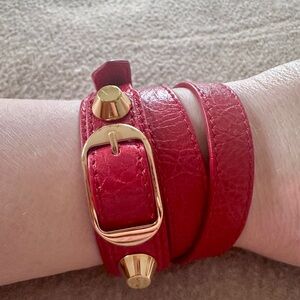 Balenciaga Giant 12 Triple Tour Bracelet in red leather with gold hardware
